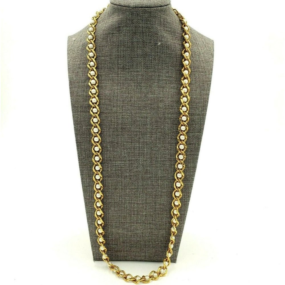 Vintage Napier 28" Gold Plated Chain Woven with Faux Pearls